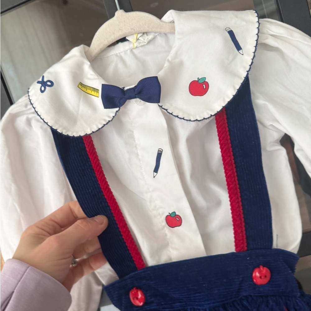 Vintage 1994 apples overalls dress set long sleeve top bow school collar toddler - Picture 9 of 10